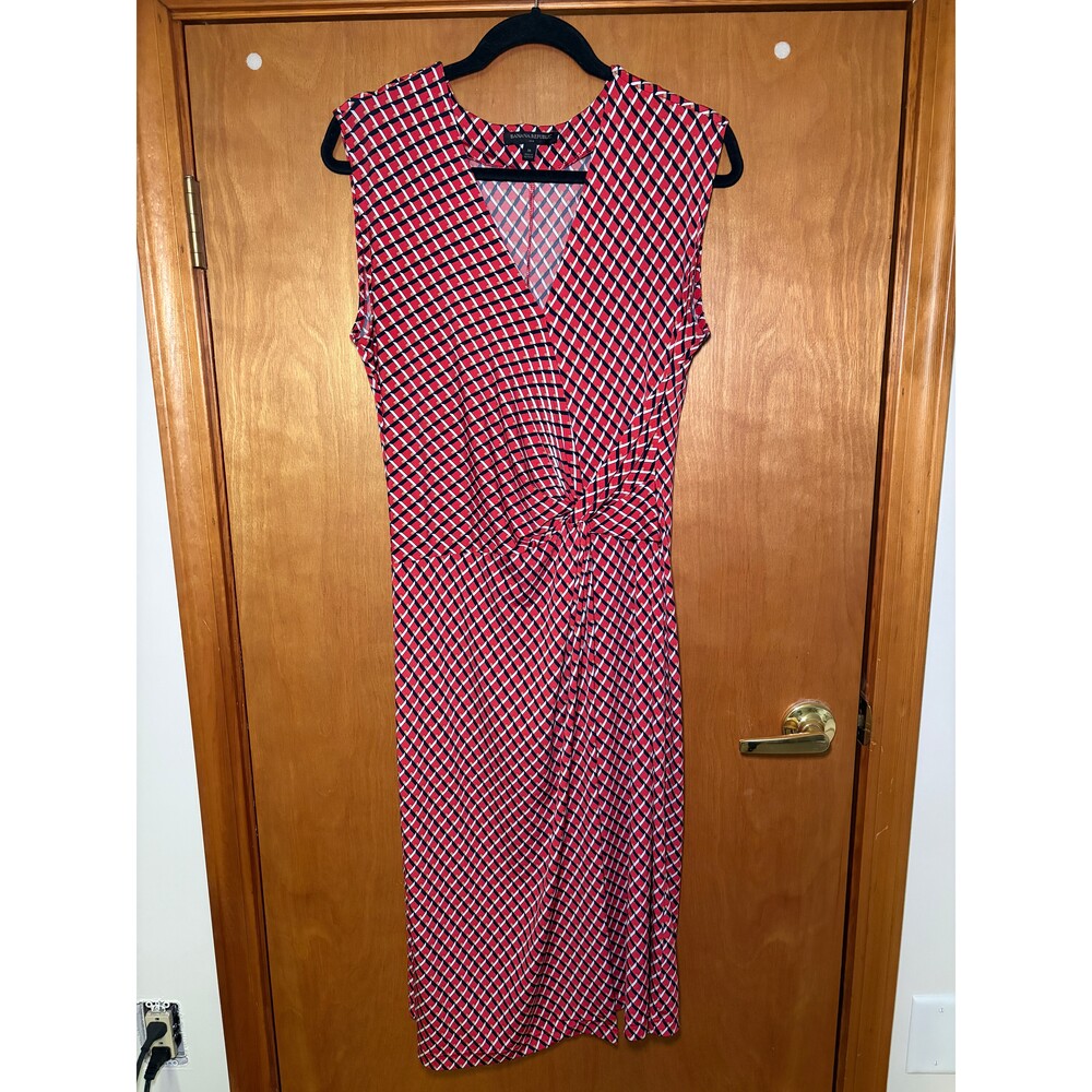 Banana Republic Faux Wrap Dress Sz M Red Geometric Print Sleeveless Vneck Midi